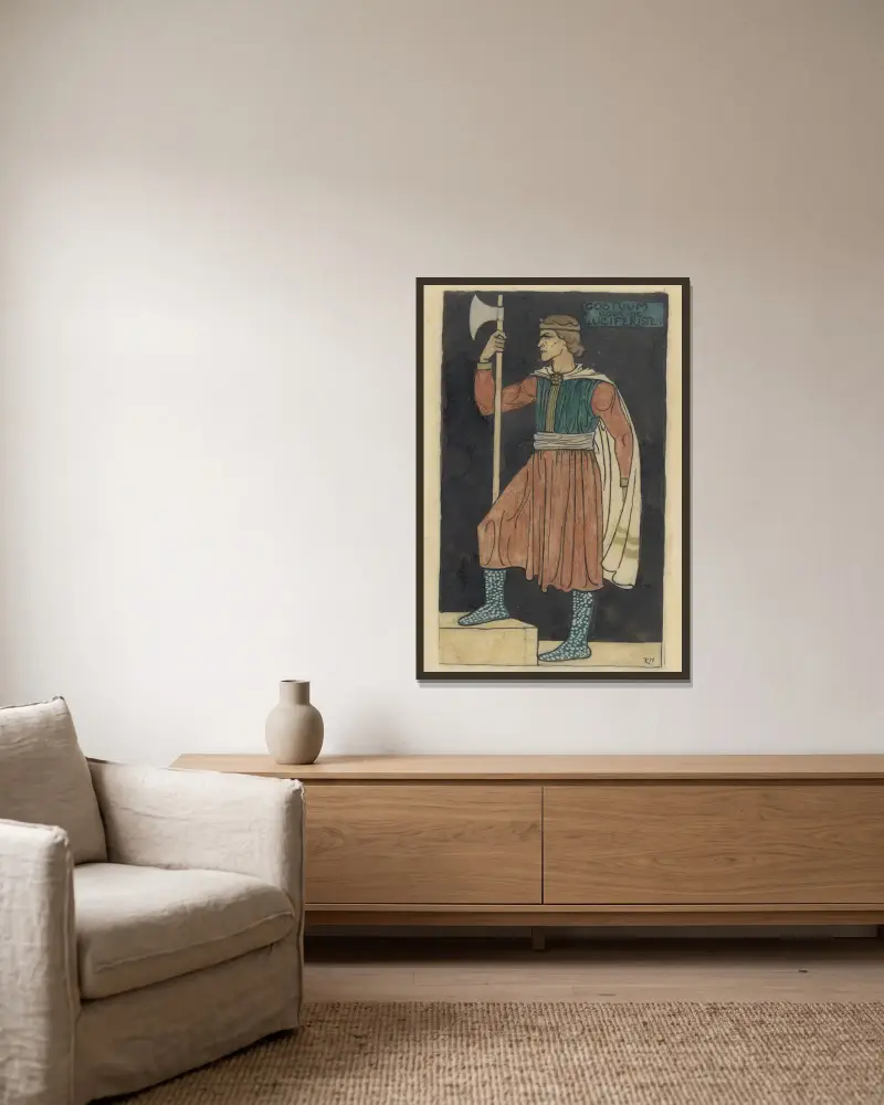 Ontwerp voor kostuum voor de Luciferisten av Richard Nicolaüs Roland Holst inramad på en vägg
