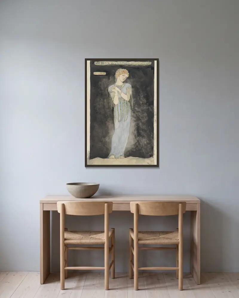Ontwerp voor kostuum voor Deiopeia av Richard Nicolaüs Roland Holst inramad på en vägg