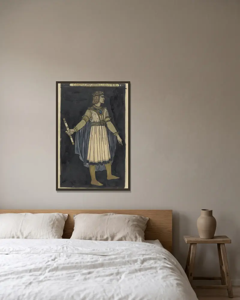 Ontwerp voor kostuum voor Lucifer av Richard Nicolaüs Roland Holst inramad på en vägg