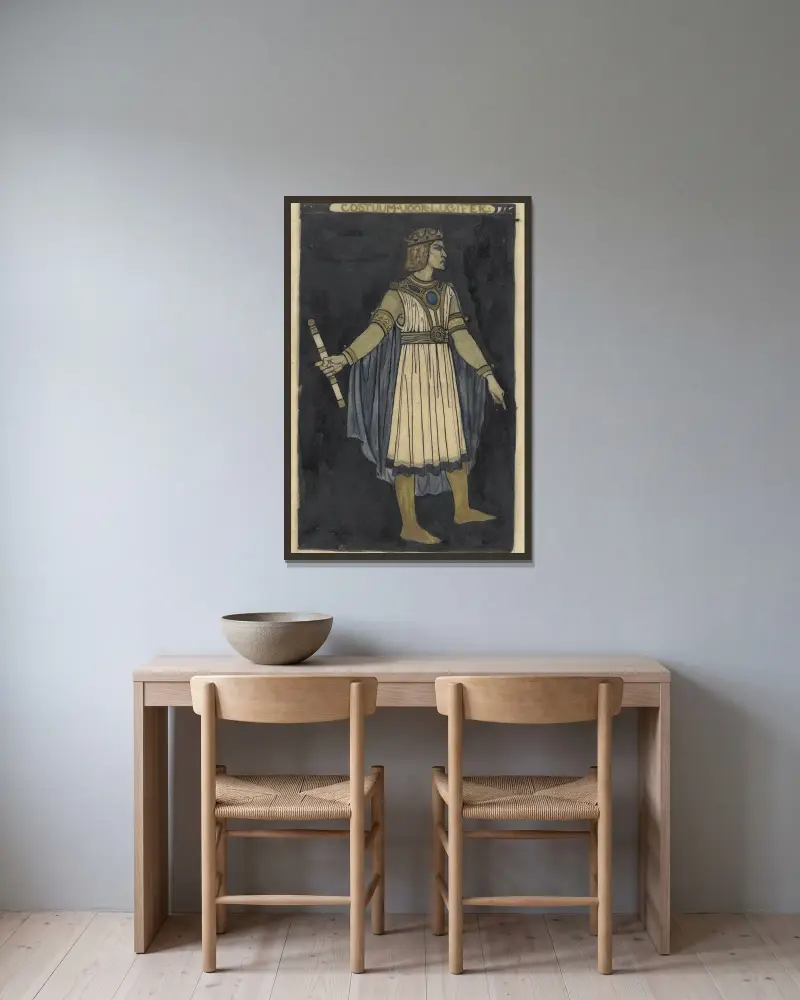 Ontwerp voor kostuum voor Lucifer av Richard Nicolaüs Roland Holst inramad på en vägg