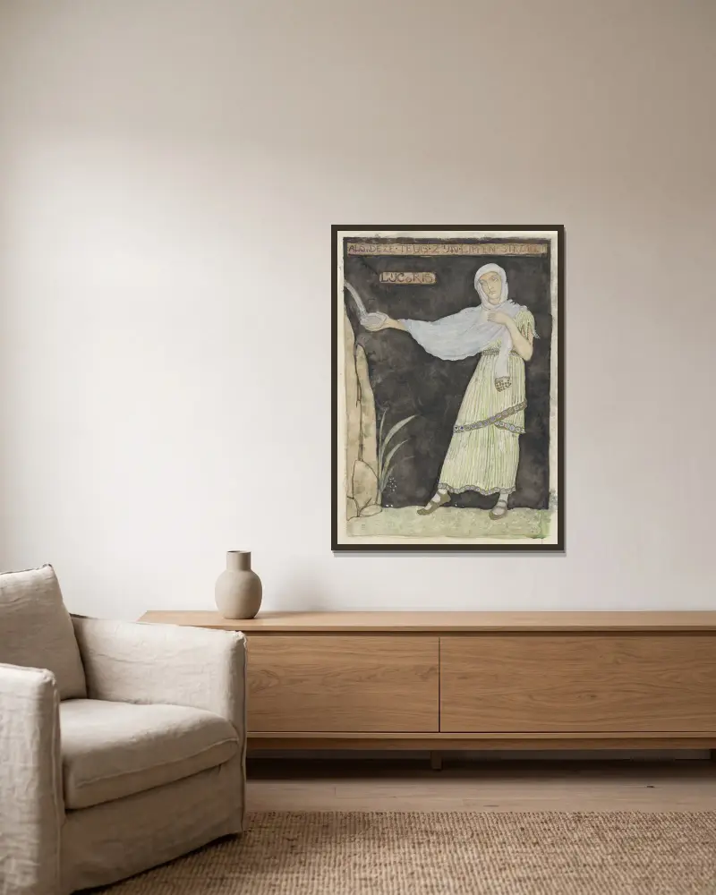 Ontwerp voor kostuum voor Lycoris av Richard Nicolaüs Roland Holst inramad på en vägg