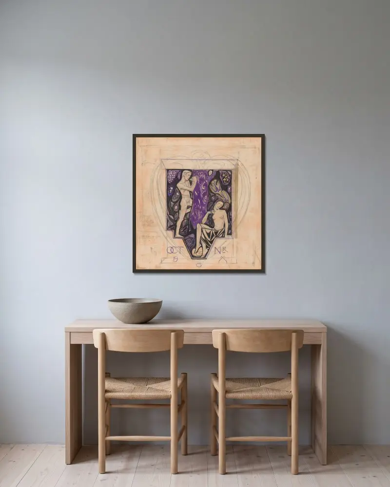 Design för omslag till Houtsnijdersnummer av Wendingen av Richard Nicolaüs Roland Holst inramad på en vägg