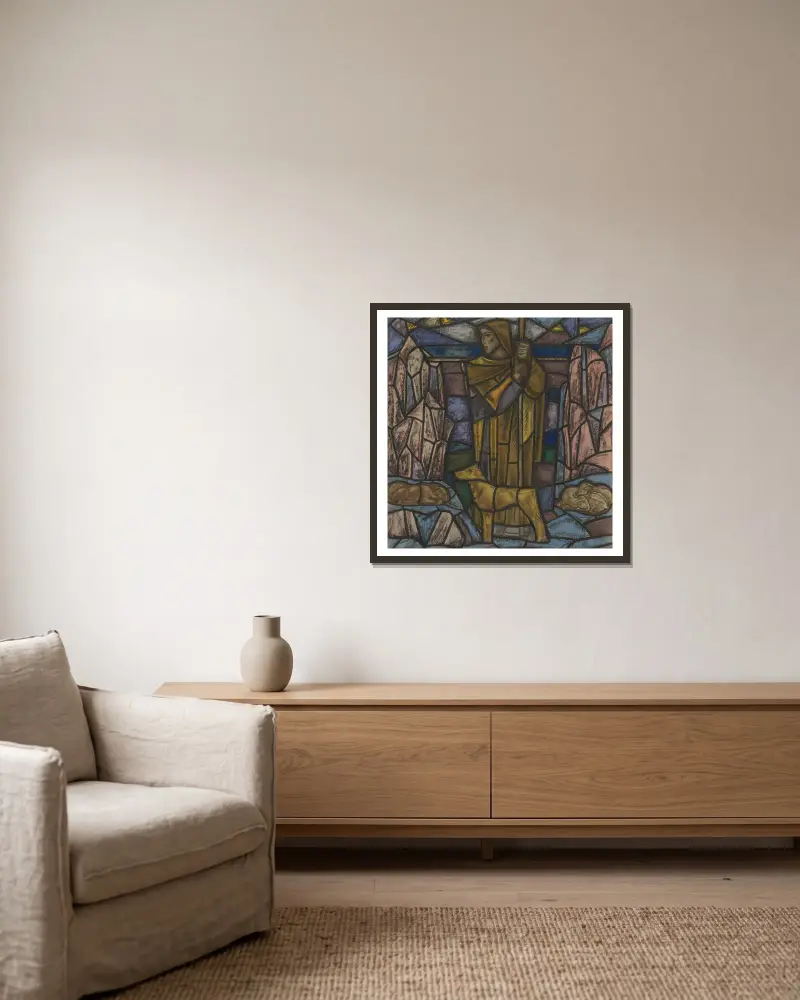 Ontwerp voor raam in het Nederlands Paviljoen op de tentoonstelling Arts Décoratifs te Parijs, 1925, 1925 – nr 5 av Richard Nicolaüs Roland Holst inramad på en vägg