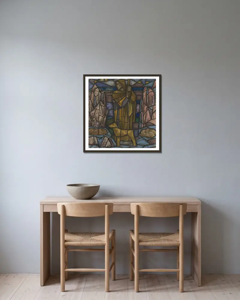 Ontwerp voor raam in het Nederlands Paviljoen op de tentoonstelling Arts Décoratifs te Parijs, 1925, 1925 – nr 5 av Richard Nicolaüs Roland Holst inramad på en vägg