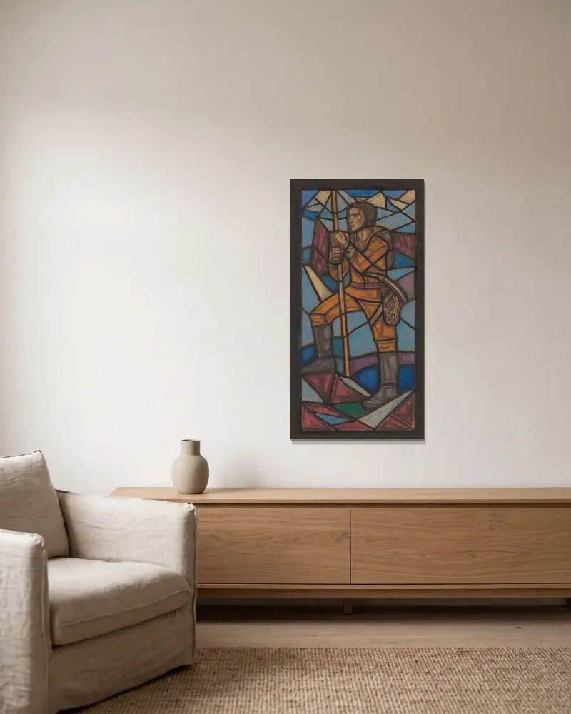 Projekt witrażu do pawilonu holenderskiego na wystawie Sztuk Dekoracyjnych w Paryżu, 1925, Richard Nicolaüs Roland Holst w ramie na ścianie