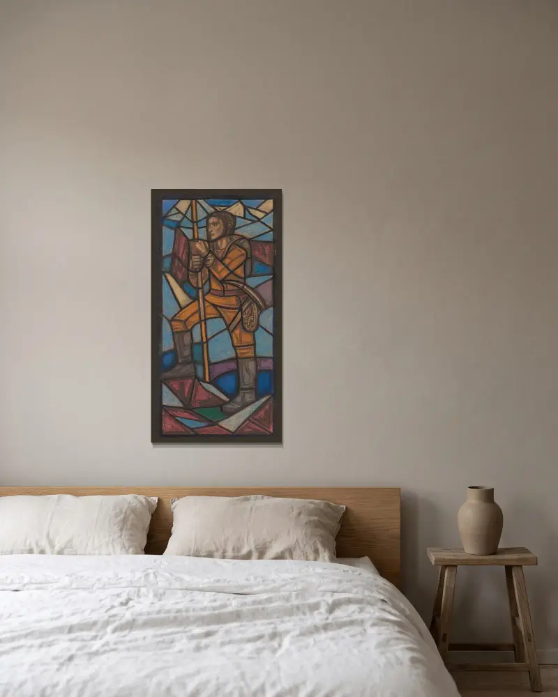Projekt witrażu do pawilonu holenderskiego na wystawie Sztuk Dekoracyjnych w Paryżu, 1925, Richard Nicolaüs Roland Holst w ramie na ścianie