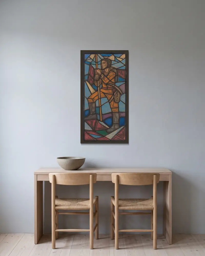 Projekt witrażu do pawilonu holenderskiego na wystawie Sztuk Dekoracyjnych w Paryżu, 1925, Richard Nicolaüs Roland Holst w ramie na ścianie