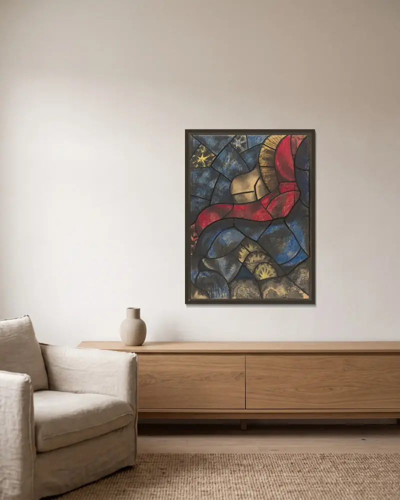 Förslag till fönster i norra tvärskeppet i Utrecht-domkyrkan 14 av Richard Nicolaüs Roland Holst inramad på en vägg