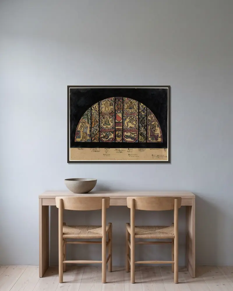 Design för fönster i postkontoret i Utrecht av Richard Nicolaüs Roland Holst inramad på en vägg