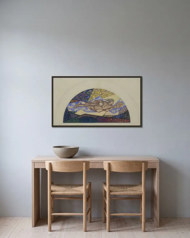 Design för fönster i Utrecht postkontor; Mercurius av Richard Nicolaüs Roland Holst inramad på en vägg