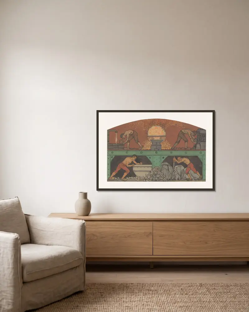 Ontwerp voor schildering in de beurs van Berlage; De Industrie av Richard Nicolaüs Roland Holst inramad på en vägg
