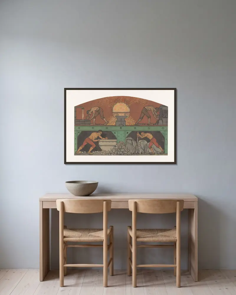 Ontwerp voor schildering in de beurs van Berlage; De Industrie av Richard Nicolaüs Roland Holst inramad på en vägg