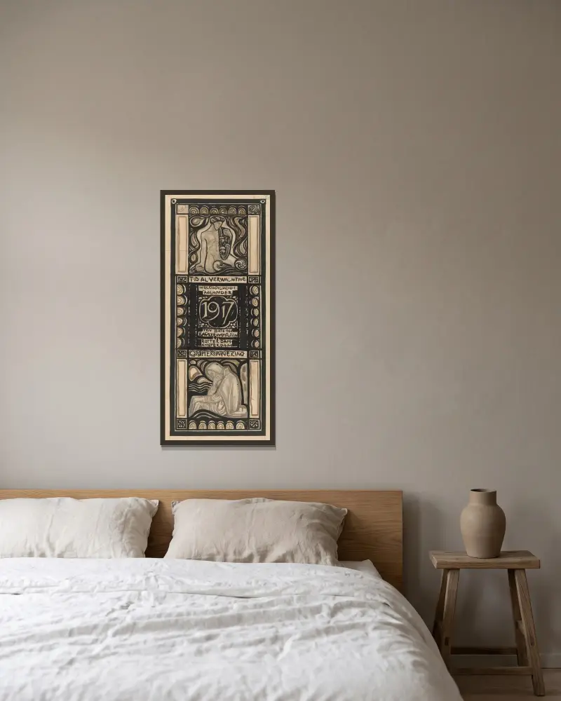 Design för välgörenhetskalendern 1917 av Richard Nicolaüs Roland Holst inramad på en vägg
