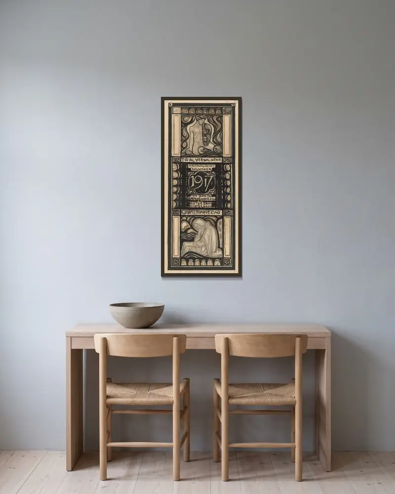 Design för välgörenhetskalendern 1917 av Richard Nicolaüs Roland Holst inramad på en vägg