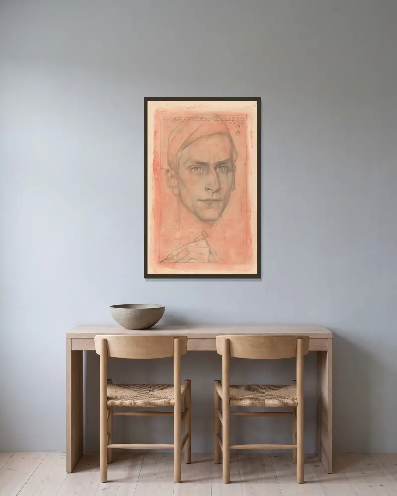 Porträtt av träsnidaren B. Essers av Richard Nicolaüs Roland Holst inramad på en vägg