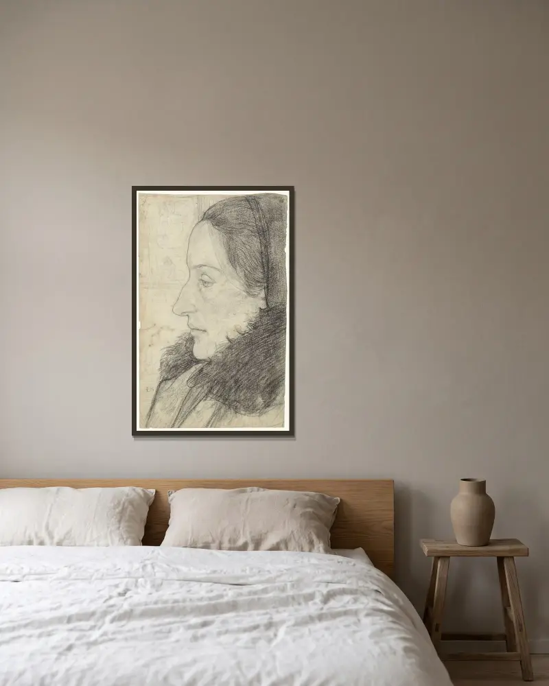 Porträtt av en kvinna från sidan av Richard Nicolaüs Roland Holst inramad på en vägg