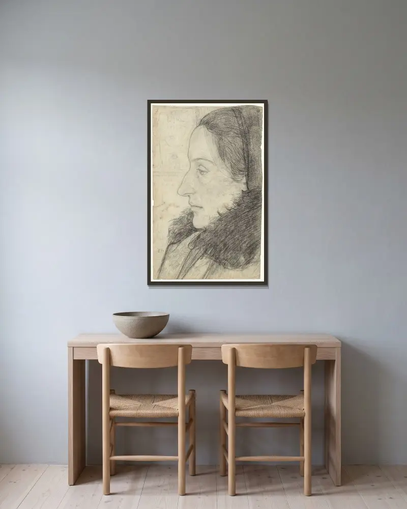 Porträtt av en kvinna från sidan av Richard Nicolaüs Roland Holst inramad på en vägg