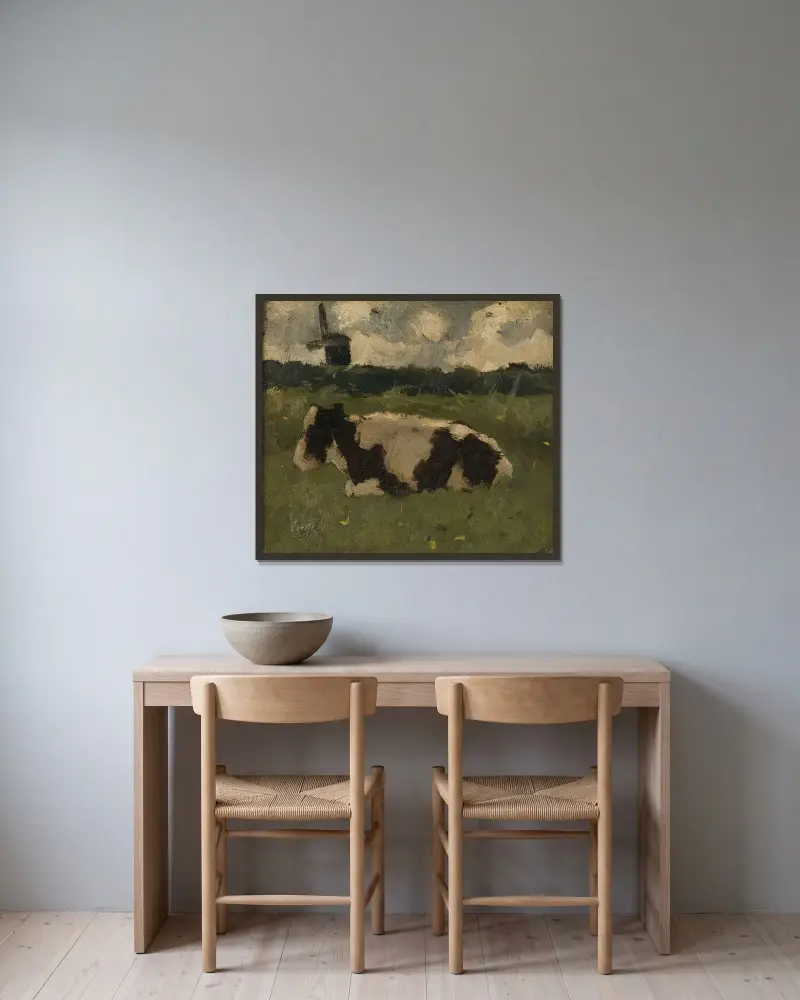 Vilande ko vid en kvarn av Richard Nicolaüs Roland Holst inramad på en vägg