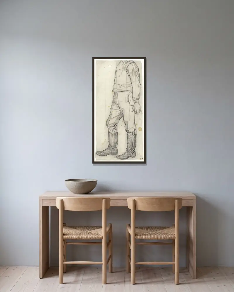 Stående man (utan huvud) med stövlar av Richard Nicolaüs Roland Holst inramad på en vägg