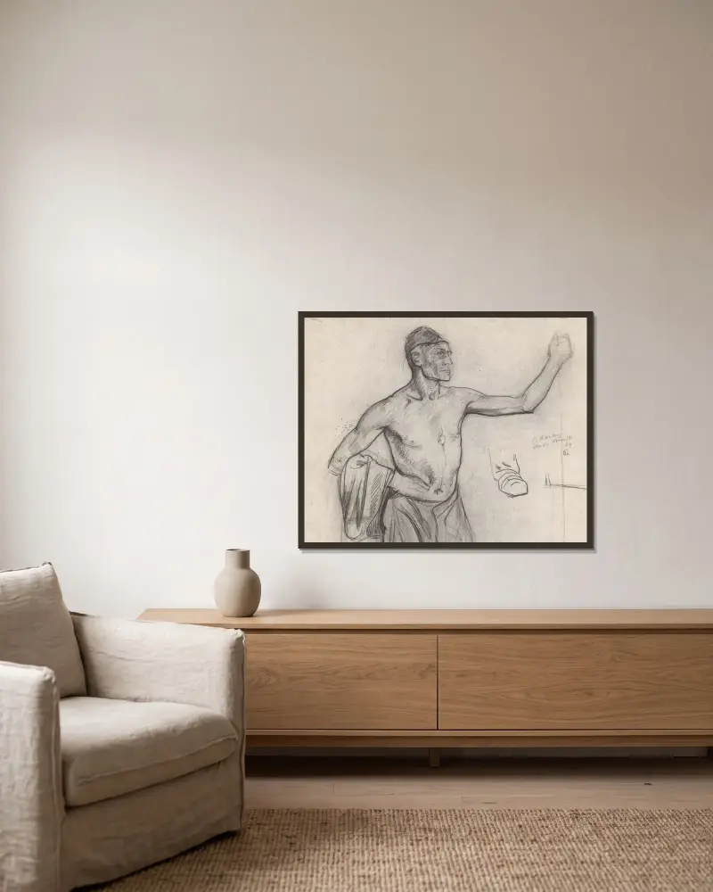 Stående man med bar överkropp, halvfigur av Richard Nicolaüs Roland Holst inramad på en vägg
