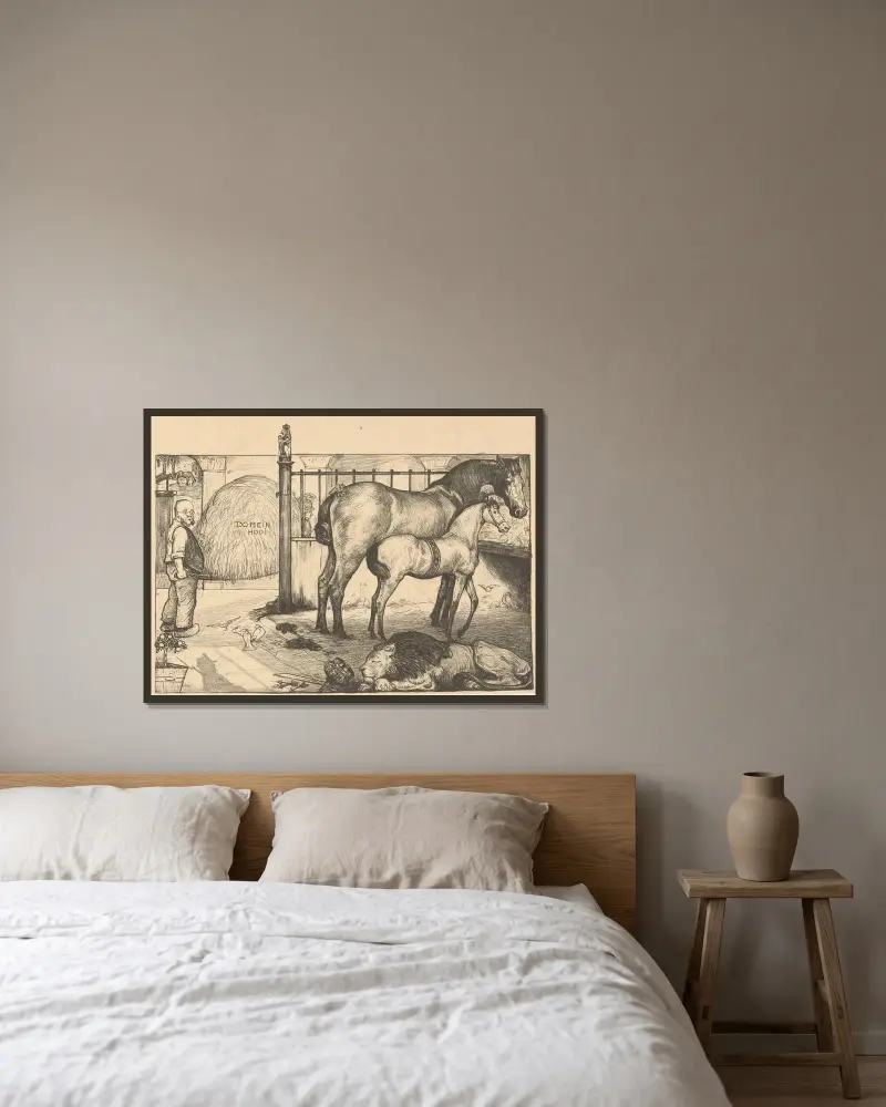 Två hästar vid en höhäck i ett stall av Richard Nicolaüs Roland Holst inramad på en vägg
