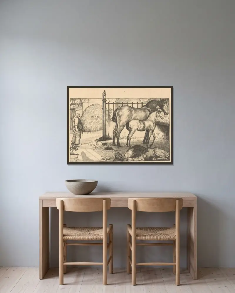 Två hästar vid en höhäck i ett stall av Richard Nicolaüs Roland Holst inramad på en vägg