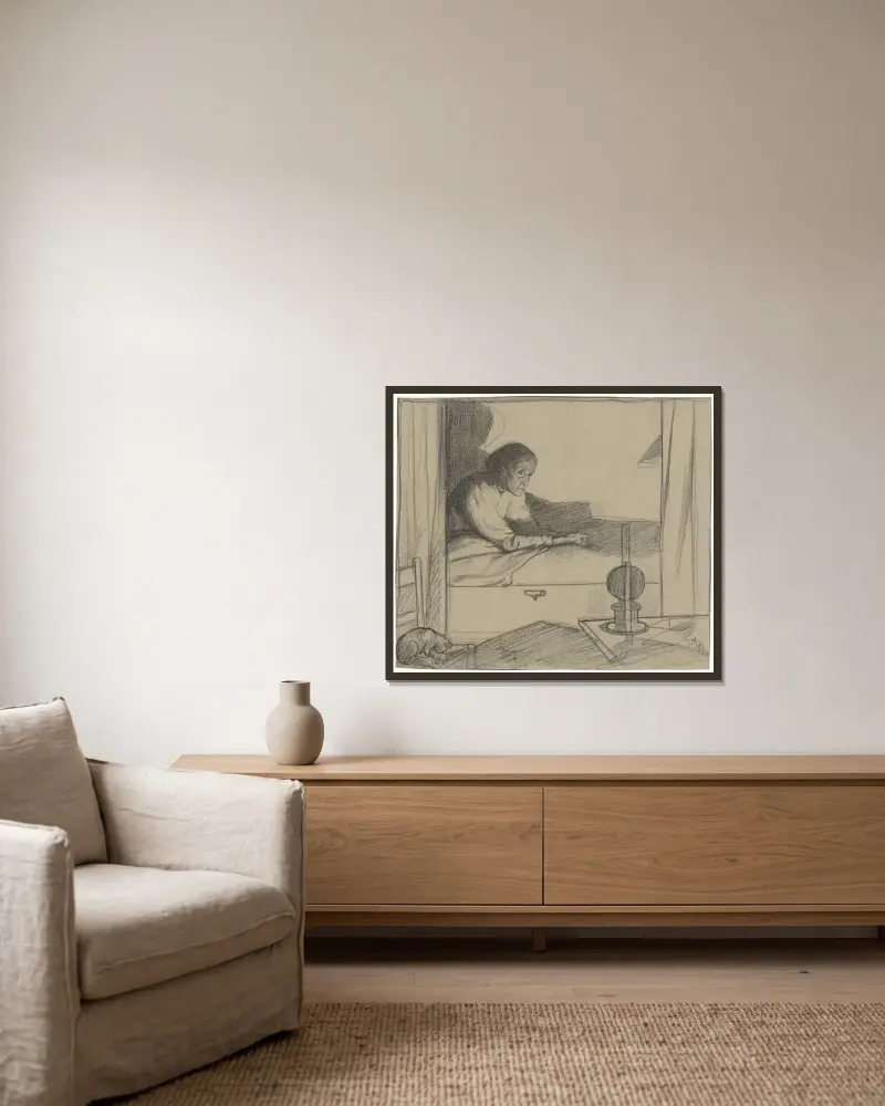 Kvinna från Hogerhuis, sittande i säng (andra utkastet) av Richard Nicolaüs Roland Holst inramad på en vägg