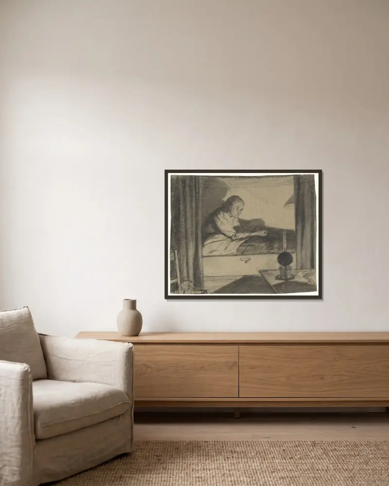 Kvinna från Hogerhuis, sittande i säng (första utkast) av Richard Nicolaüs Roland Holst inramad på en vägg