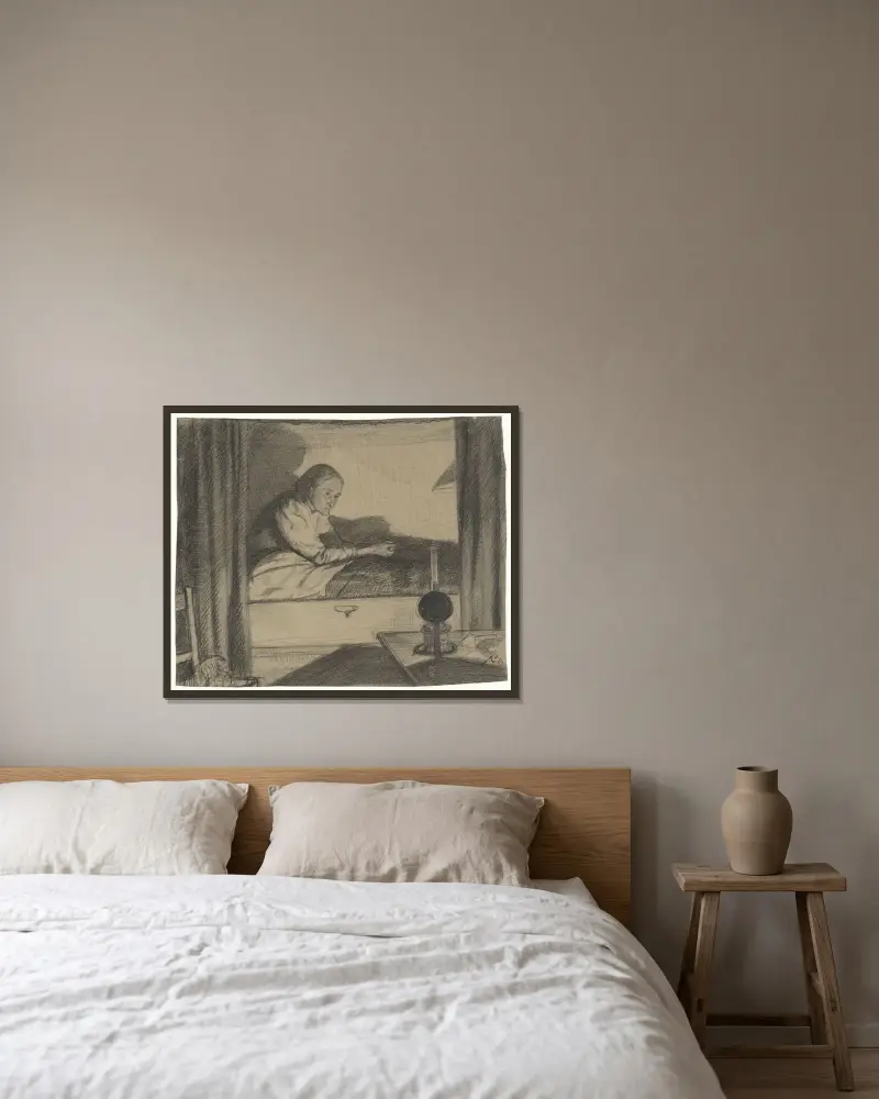 Kvinna från Hogerhuis, sittande i säng (första utkast) av Richard Nicolaüs Roland Holst inramad på en vägg