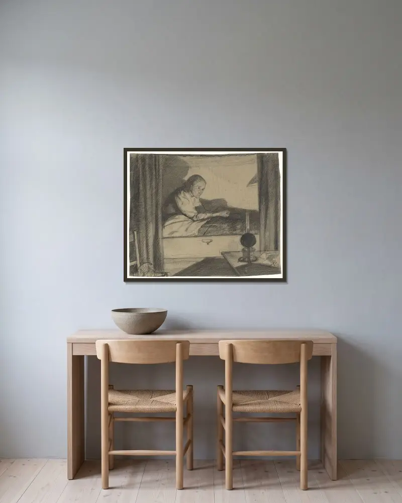 Kvinna från Hogerhuis, sittande i säng (första utkast) av Richard Nicolaüs Roland Holst inramad på en vägg