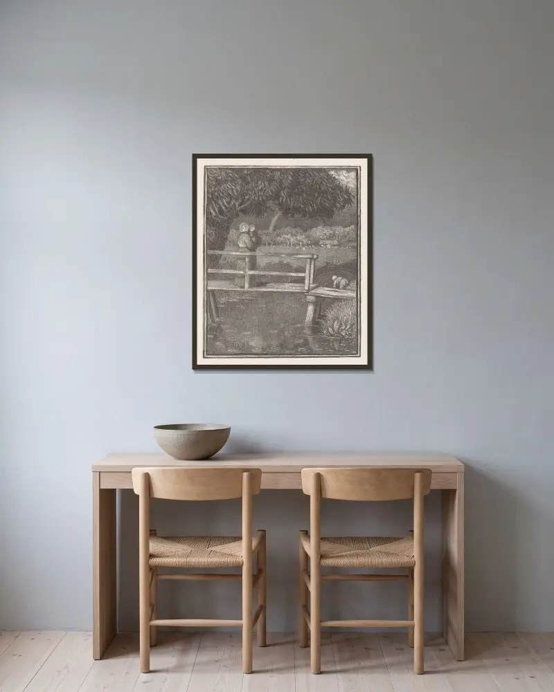 Kvinna med barn på armen på en bro av Richard Nicolaüs Roland Holst inramad på en vägg