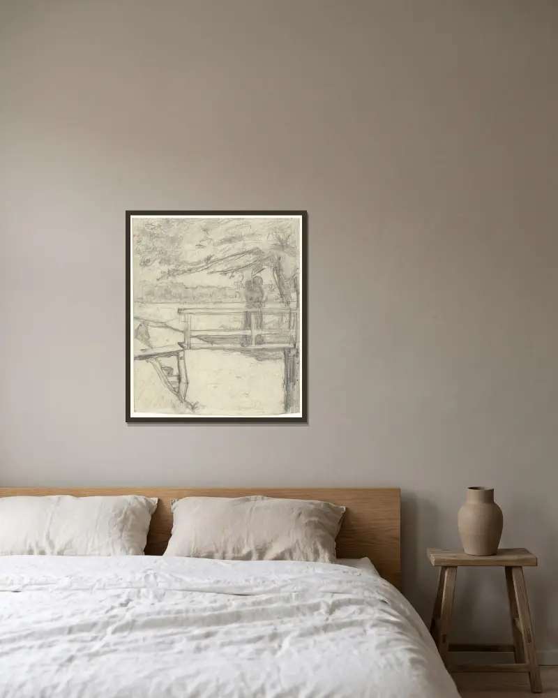Kvinna med barn på en liten bro av Richard Nicolaüs Roland Holst inramad på en vägg