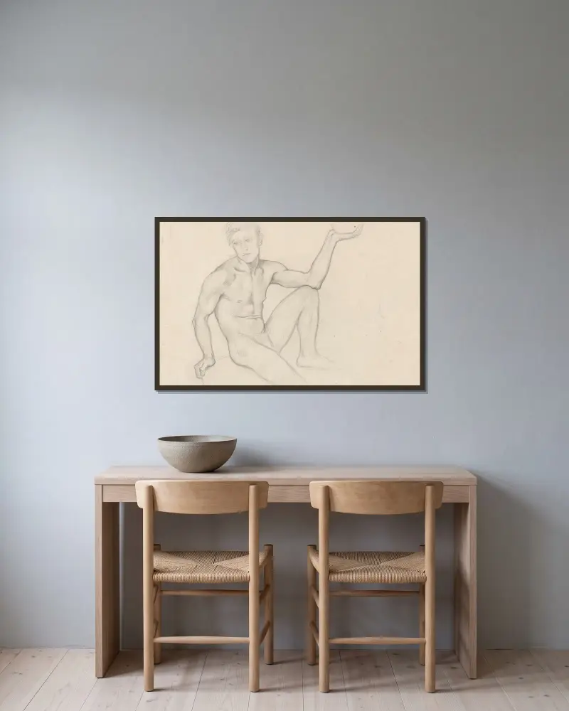 Sittande manlig naken med skål av Richard Nicolaüs Roland Holst inramad på en vägg