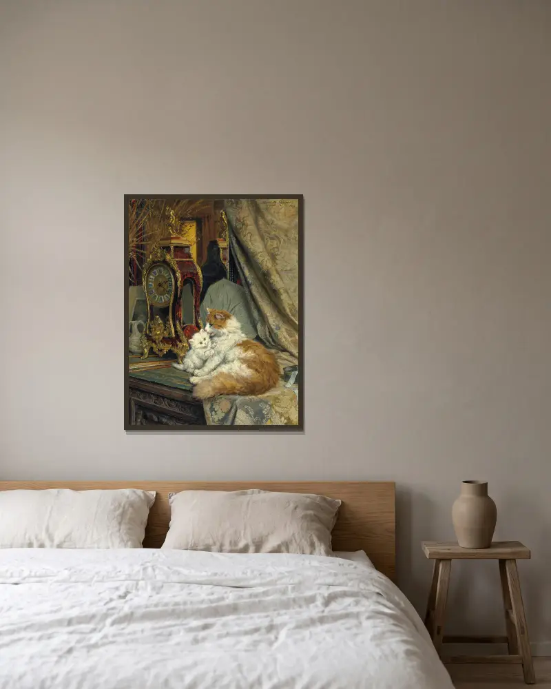 A Mother Cat and her Kitten with a Bracket Clock av Henriëtte Ronner-Knip inramad på en vägg