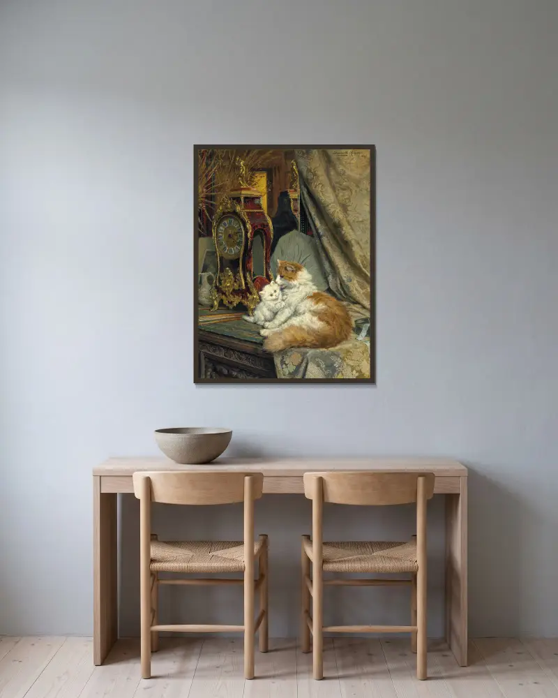 A Mother Cat and her Kitten with a Bracket Clock av Henriëtte Ronner-Knip inramad på en vägg