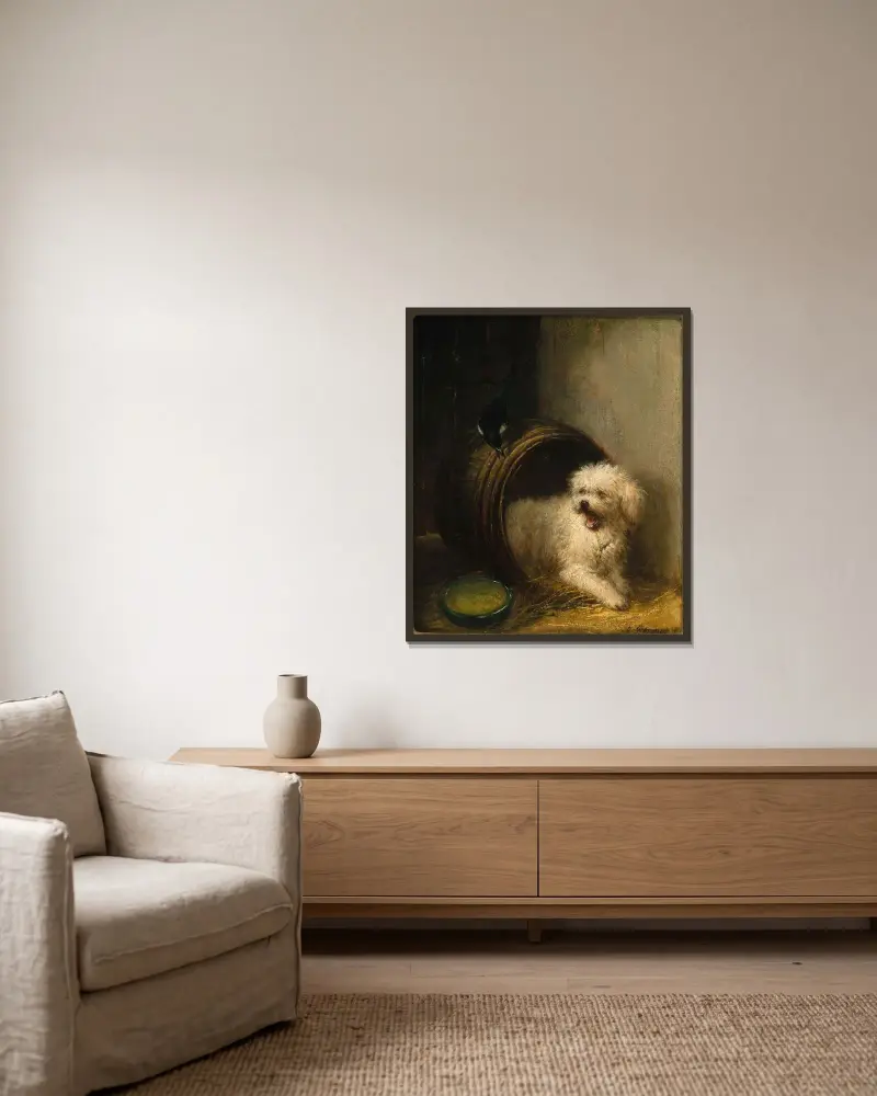 En valp i en tunna av Henriëtte Ronner-Knip inramad på en vägg