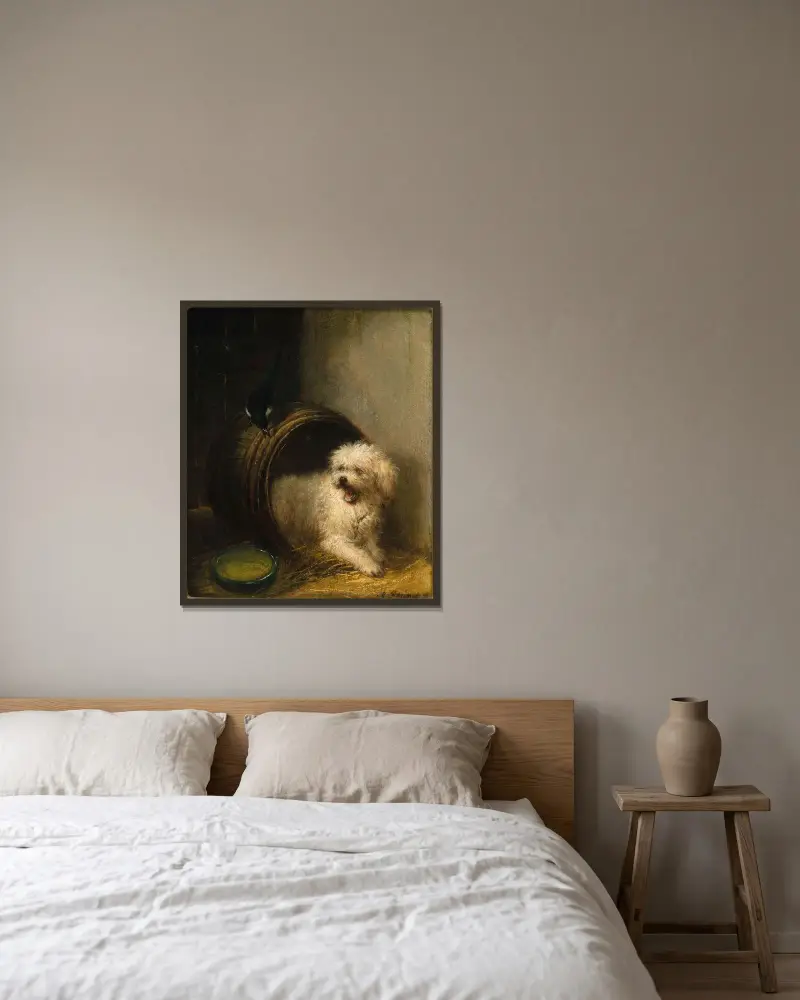En valp i en tunna av Henriëtte Ronner-Knip inramad på en vägg