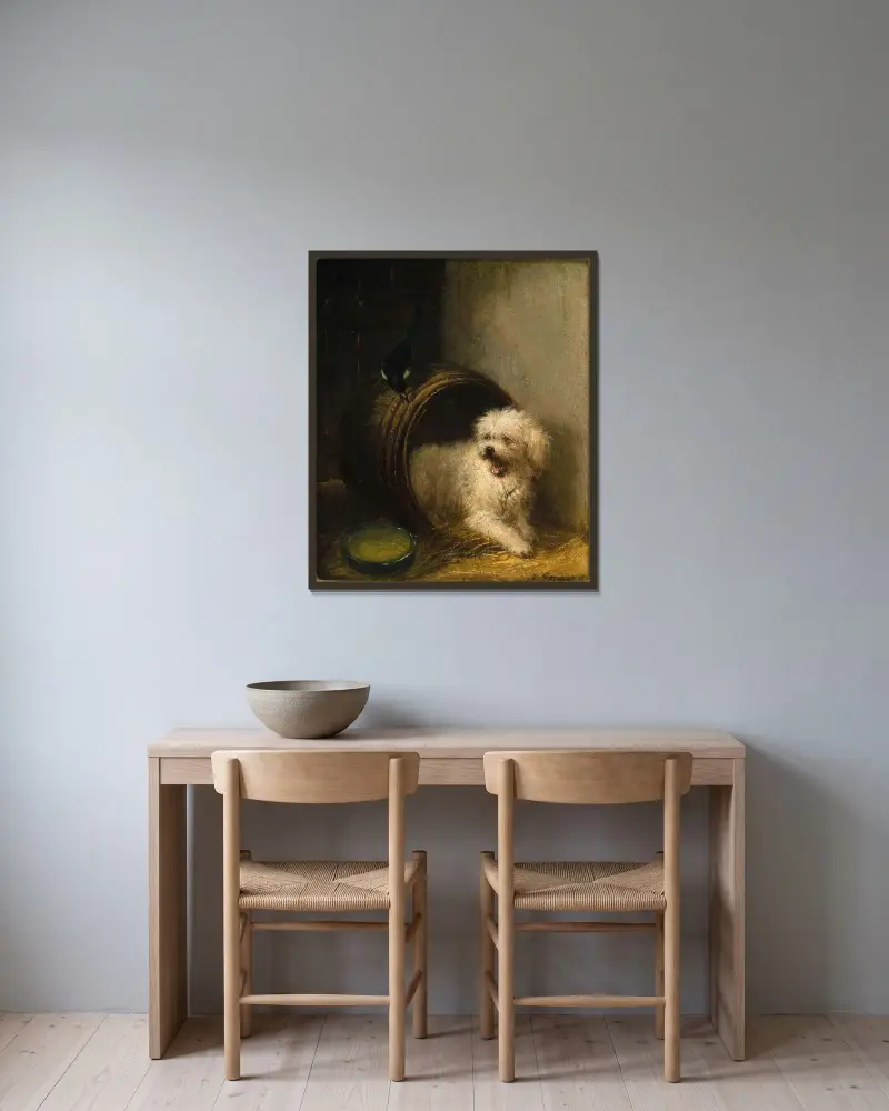 En valp i en tunna av Henriëtte Ronner-Knip inramad på en vägg