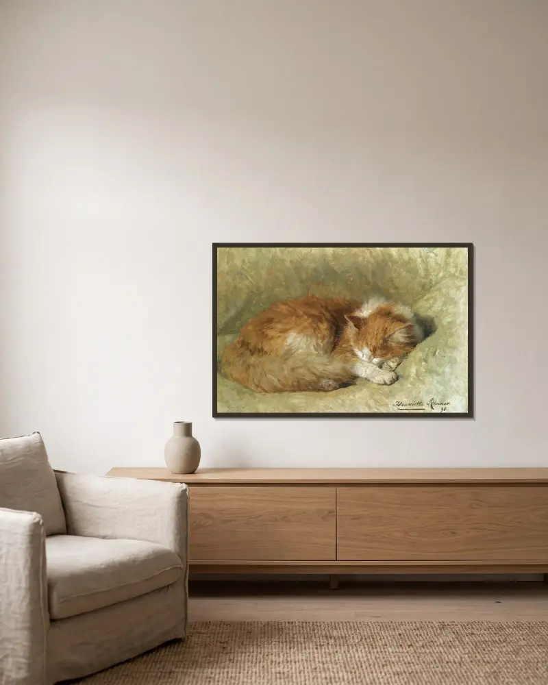 En sovande katt av Henriëtte Ronner-Knip inramad på en vägg