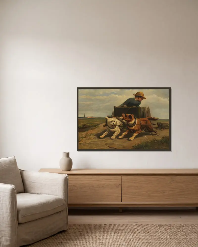 Pojke med hundkärra av Henriëtte Ronner-Knip inramad på en vägg