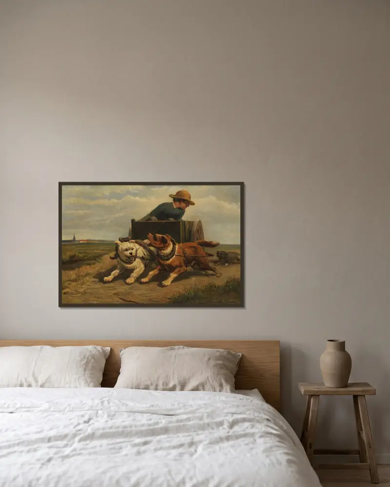 Pojke med hundkärra av Henriëtte Ronner-Knip inramad på en vägg