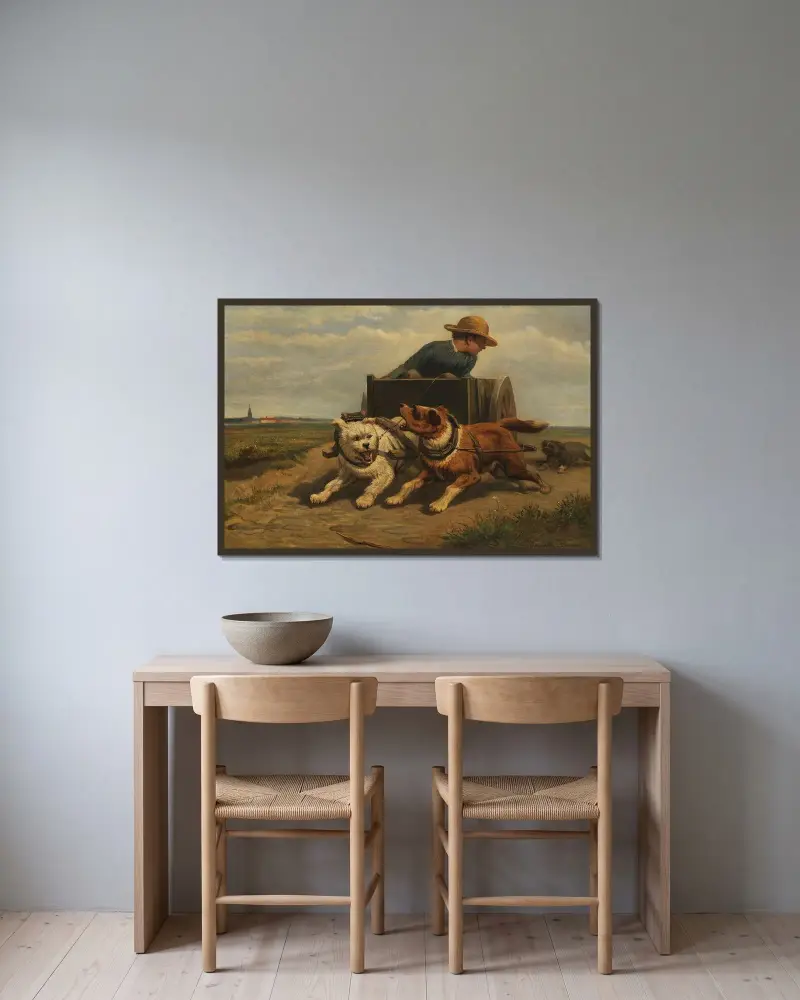 Pojke med hundkärra av Henriëtte Ronner-Knip inramad på en vägg