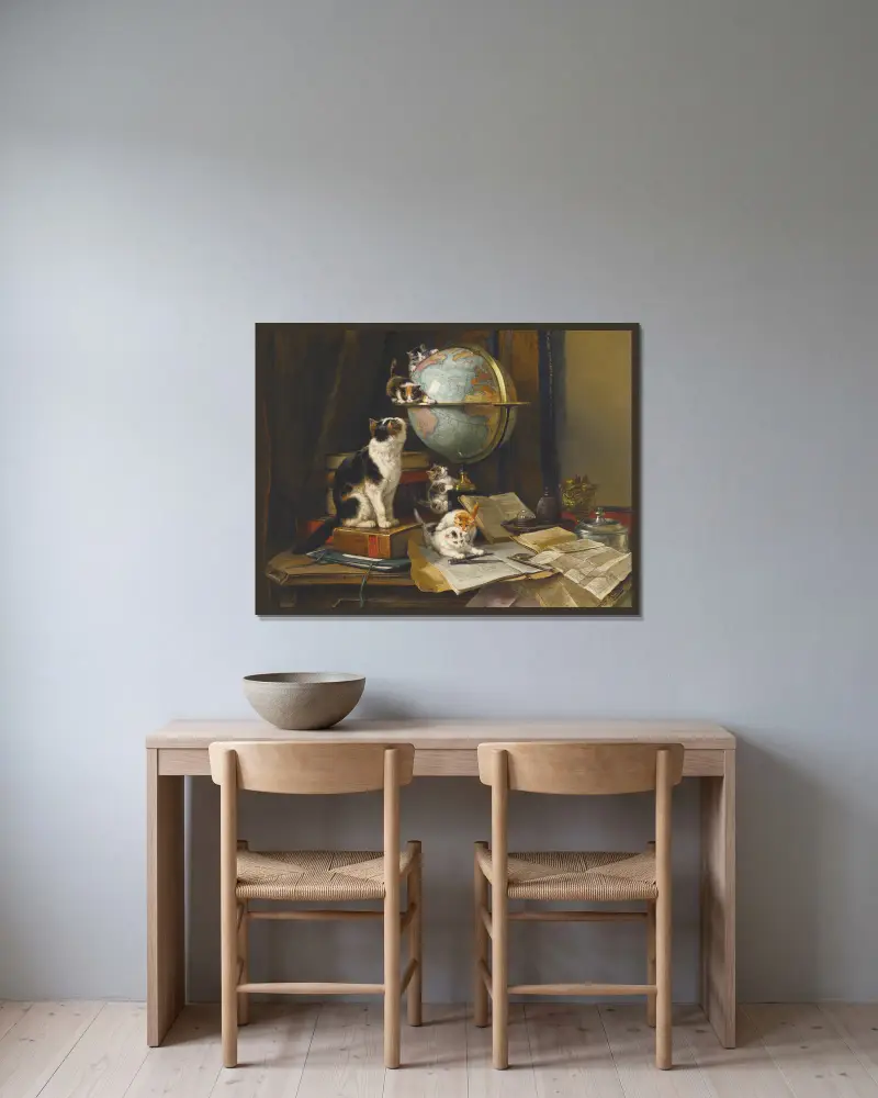 Die Weltenbummler von Henriëtte Ronner-Knip gerahmt an einer Wand