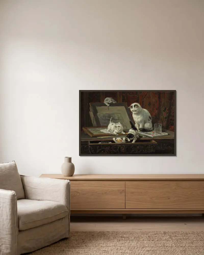 Die Kunststunde des Kätzchens von Henriëtte Ronner-Knip gerahmt an einer Wand