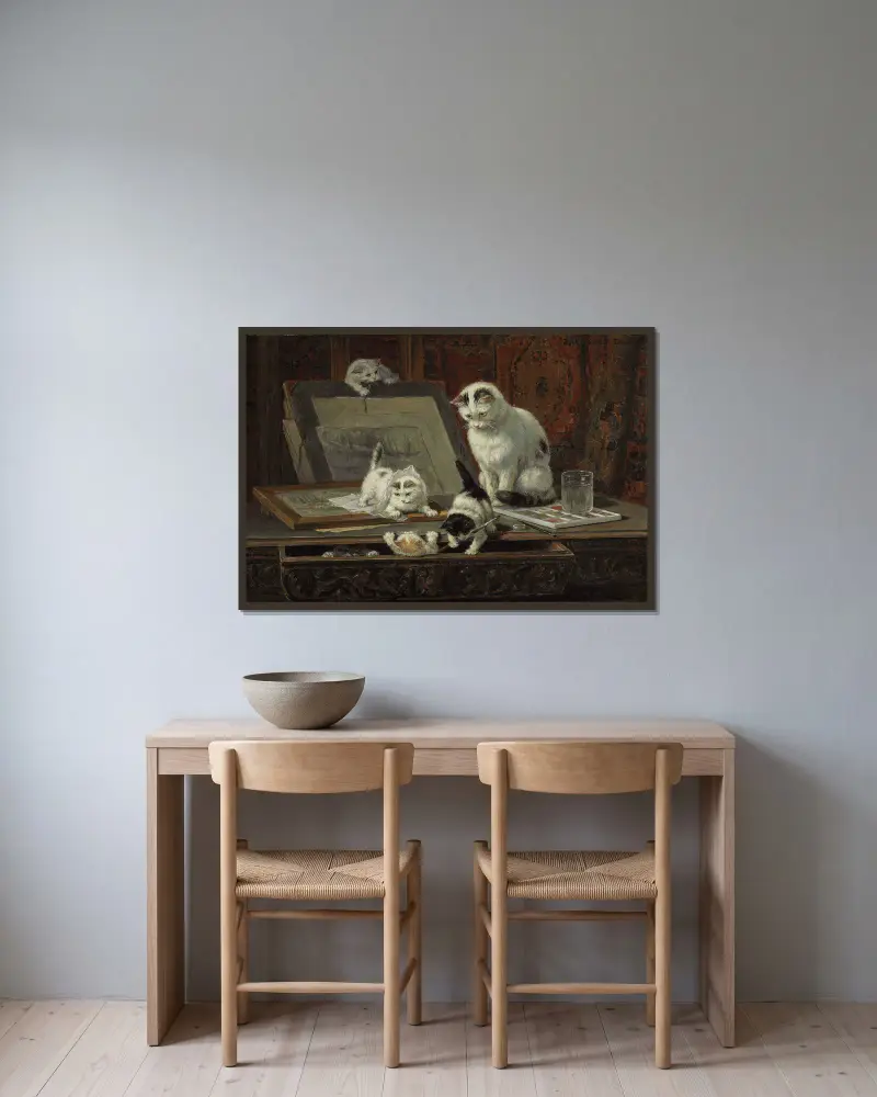 Die Kunststunde des Kätzchens von Henriëtte Ronner-Knip gerahmt an einer Wand
