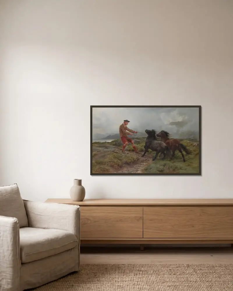Ein Ghillie und zwei Shetlandponys in nebliger Landschaft von Rosa Bonheur gerahmt an einer Wand