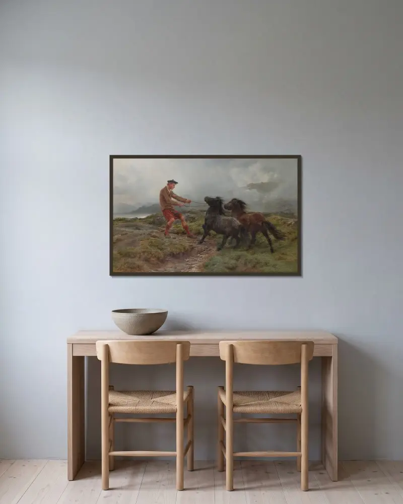 Ein Ghillie und zwei Shetlandponys in nebliger Landschaft von Rosa Bonheur gerahmt an einer Wand