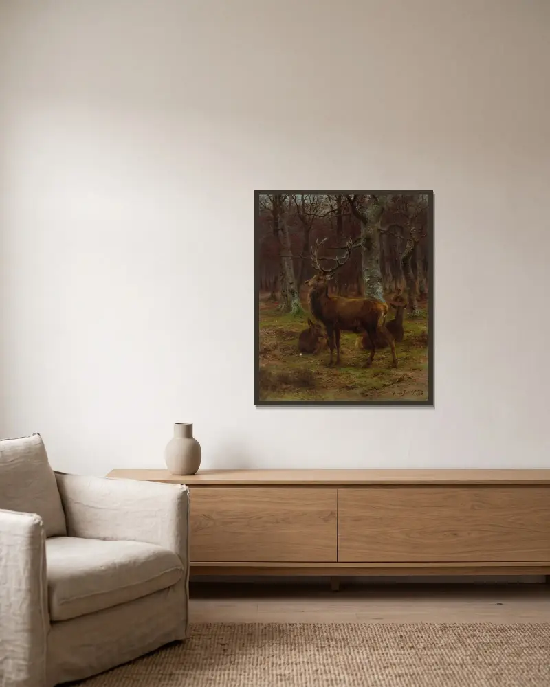Jeleń i łanie w lesie, jesień, Rosa Bonheur w ramie na ścianie