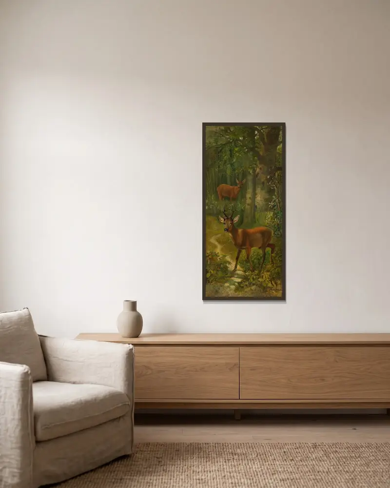 Hirsch am Waldrand von Rosa Bonheur gerahmt an einer Wand