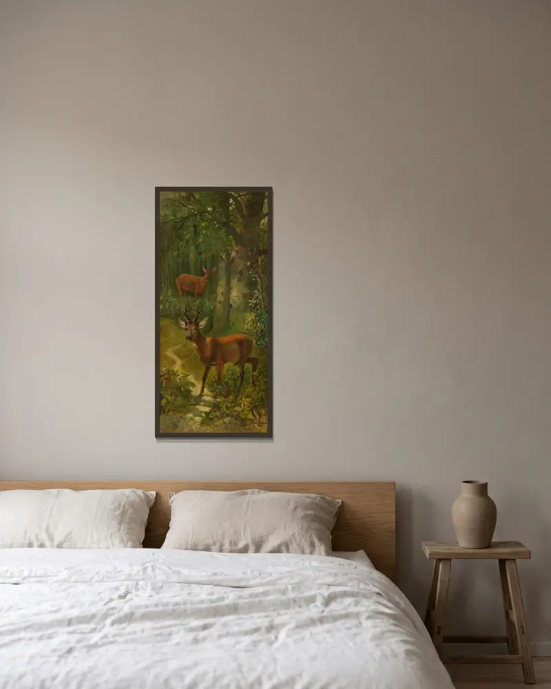 Hirsch am Waldrand von Rosa Bonheur gerahmt an einer Wand